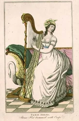 Vrouw in een Parijse jurk en een strohoed versierd met crêpe die harp speelt, illustratie uit het 