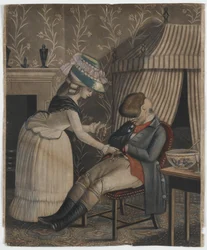 Vrouw steelt een kousenbeurs en zakhorloge van een slapende man, ca.1790
