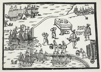 Houtsnede die de wijnhandel tussen Bordeaux en Engeland illustreert