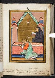 Yates Thompson Ms 26, f.79 r Kreupele die bidt bij het graf van St. Cuthbert, illustratie uit 