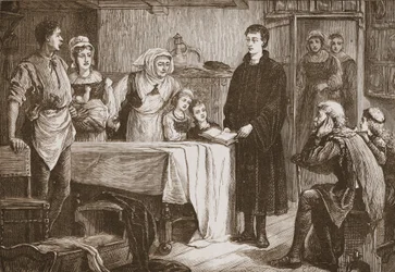 Jonge Calvijn legt de Bijbel uit aan een familie in Bourges, illustratie uit De Geschiedenis van het Protestantisme door James Aitken Wylie, gepubliceerd in 1878
