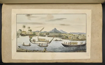 Rivierscène in Java met boten, inclusief een drakenkopboot