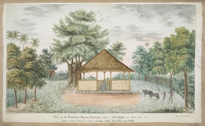 Het standbeeld van Kiay Poerwakali in een rieten hut buiten het dorp Batu Tulis (W. Java).