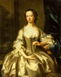 Portret van Mary Rand bij een gedrapeerd gordijn