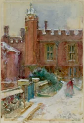 Een figuur in de sneeuw bij Hampton Court Palace, 24 november 1904