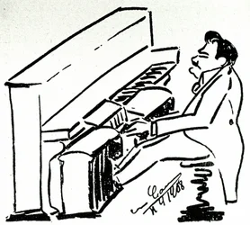 Zelfkarikatuur van lyrische zanger Enrico Caruso aan de pianola