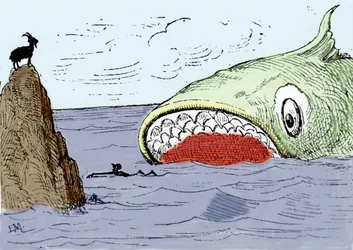 Illustratie bij het verhaal „Pinokkio“ van Carlo Collodi. Een reusachtige vis staat op het punt Pinokkio op te eten. Illustratie van Enrico Mazzanti (1852-1910) voor de uitgave van 1883.