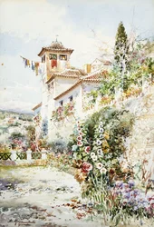 Een Andalusisch huis en tuin in de zomer