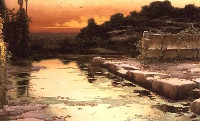 Overstroomde ruïnes bij zonsondergang