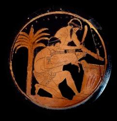 Griekse kunst: beker met rode figuren in keramiek, medaillon: offer van een varken op een altaar tijdens een religieus ritueel. Gemaakt door de schilder van Epidromos. 500 v.Chr. Parijs, Louvre Museum