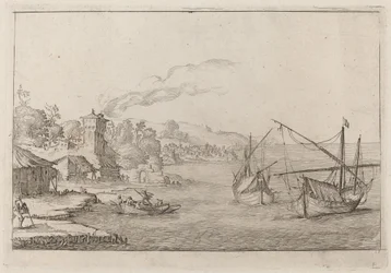 Kustlandschap met Geankerde Schepen