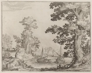 Landschap en Rivier met Geankerde Schepen