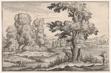 Landschap met grazende geiten bij een rivier en een figuur op de voorgrond rechts, uit een serie, 1638