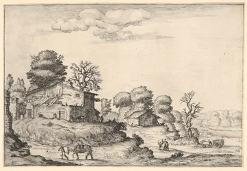 Landschap met boerderijen en een man die een paard leidt op de voorgrond