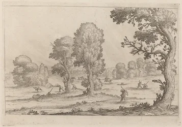 Mannen vechten in een landschap