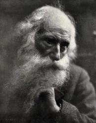 Close-up van de beroemde beeldhouwer Vincenzo Gemito. De bejaarde kunstenaar streelt zijn dikke witte baard