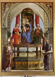 Maagd op de troon met Kind, Heiligen Anna, Elisabeth, Augustinus en de Zalige Pietro degli Onesti