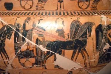 (detail) Zeus en Hera in een wagen met Kaliope van de Francois-vaas