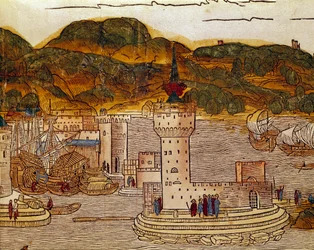 Uitzicht op de haven van Candie (het huidige Heraklion) op Kreta (pagina uit het reisboek 