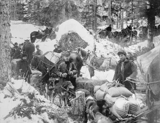 Prospectors die Porcupine Hill beklimmen op de Skagway Trail, Alaska, tijdens de Klondike Gold Rush (1897-98) 1898