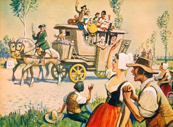 Een koets op de weg tussen Parijs en Versailles in 1787