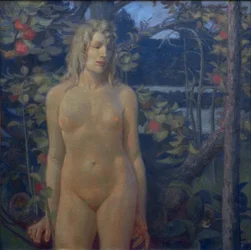 Staande vrouwelijke naakt in landschap