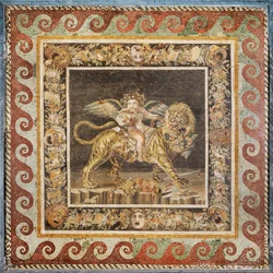 Dionysos als kind, op de rug van een tijger, een slinger met bladeren en theatrale maskers