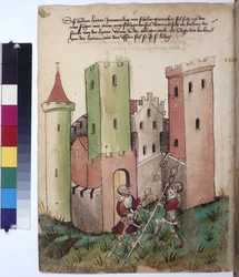Volledige pagina: kasteel en instructies voor het gebruik van een ladder met verrijdbare treden, ca. 1430 (tekening met gekleurde pen)