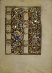Volledige pagina: acht medaillons met miniaturen en tekst, ca. 1225-1250 (temperaschilderij)
