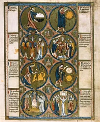 Volledige pagina: acht medaillons met begeleidende tekst: De schepping van de wereld, ca. 1225-1250 (temperaschilderij)