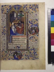 Volledige pagina: ingelijste miniatuur, met tekst en tempera-initialen eronder
