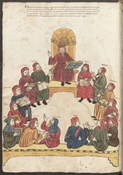 Volledige pagina: miniatuur: Avicenna en artsen in discussie (miniatuur)