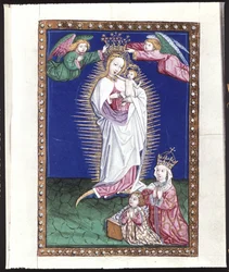 Volledige pagina: miniatuur: Madonna in een aureool, ca. 1464 (tempera op perkament)