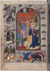 Volledige pagina: miniatuur, de rand met de schenker Willem van Monfort biddend