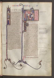 Volledige pagina: tekst en gehistorieerde initialen, ca 1300 (temperaschilderij)