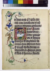 Volledige pagina: tekst en gehistorieerde tempera initiaal (tempera op papier)