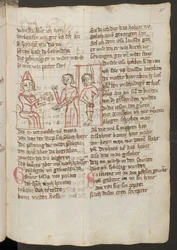 Volledige pagina: tekst met gekleurde pentekening: Judas voor de hogepriester: rechts, Judas aan de galg (gekleurde pentekening)