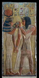 Godin Hathor beschermt farao Seti I ...