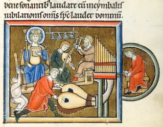 Koning David speelt op een psalterium begeleid door tuba, orgel en cimbaalspelers