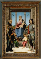 Madonna met de heiligen Benedictus van Nurcia, de heilige Quentin en twee engelen ...