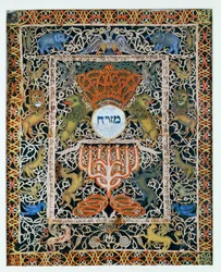 Mizrach, een versiering die aan de muren van een huis of synagoge wordt gehangen om de richting of oriëntatie voor het gebed aan te geven, i (papieren knipsel met inkt en tempera)