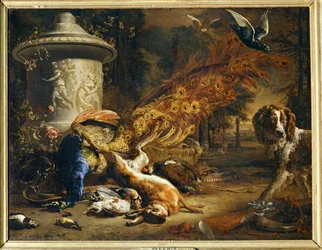 Stilleven met pauw en hond ...