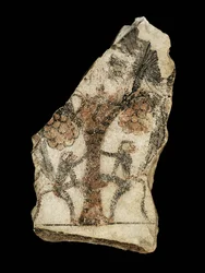 Ostracon, met apen die dadels plukken van een palmboom ...