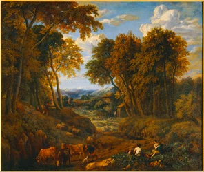 Paysage avec bergers et troupeaux dans un chemin forestier - Landschap met herder en kuddes in een ...