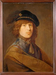 Portret van de kunstenaar in kuras ...