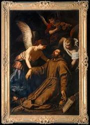 De heilige Franciscus van Assisi wordt in extase getroost door engelen na zijn stigmatisering ...