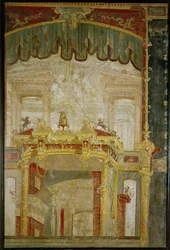 Scenografische muurdecoratie met fantastische architectuur en vallend gordijn, een Romeinse uitvinding