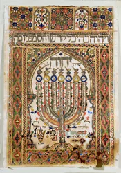 Shiviti, een decoratieve plaquette op de oostelijke muur van een synagoge, om de gebedsrichting naar Jeruzalem aan te geven (aquarel, bladgoud en goudpoeder)