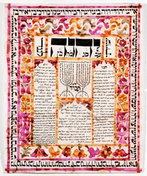 Shiviti, een decoratieve plaquette meestal aangebracht in de oostelijke muur van een synagoge, zoals een mizrach (inkt en aquarel op papier)