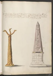 Solomonische zuil die eindigt met drie slangenkoppen; obelisk